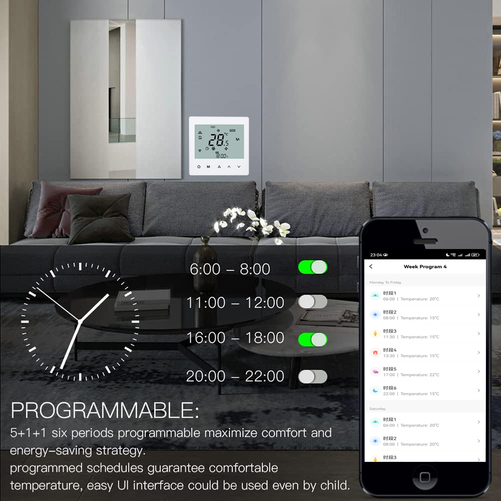WiFi Smart Touch Thermostat Temperature Controller For 2 Pipe Central Air Conditioner 3 Speed Fan Coil Unit Control
