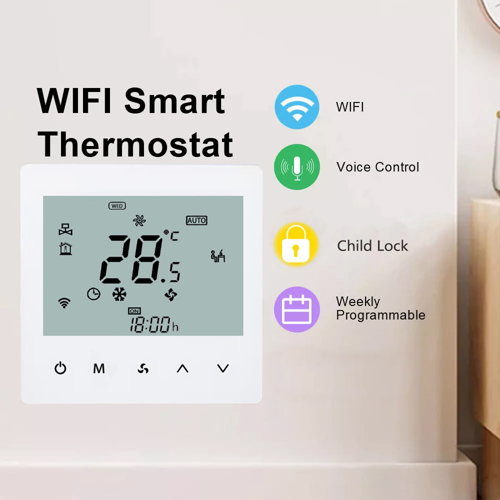 WiFi Smart Touch Thermostat Temperature Controller For 2 Pipe Central Air Conditioner 3 Speed Fan Coil Unit Control