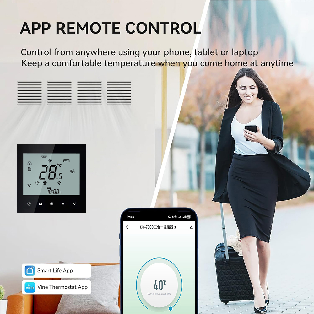 LCD Display Air Conditioning 2-Pipe Programmable Room Thermostat for Fan Coil Unit, Supports Wifi (White)
